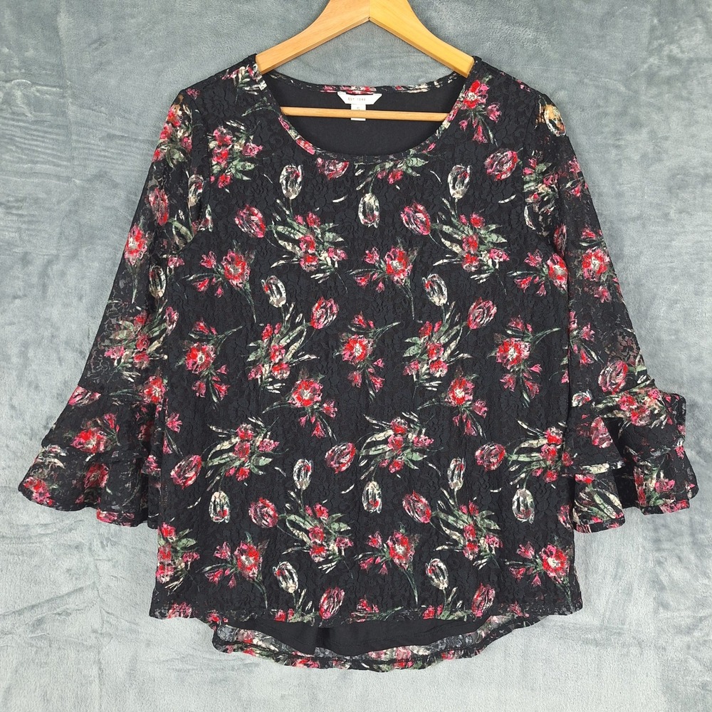 Womens Top Small Black Romantic Floral Lace Bell Sleeve Fairy Grunge Whimsygoth‎
